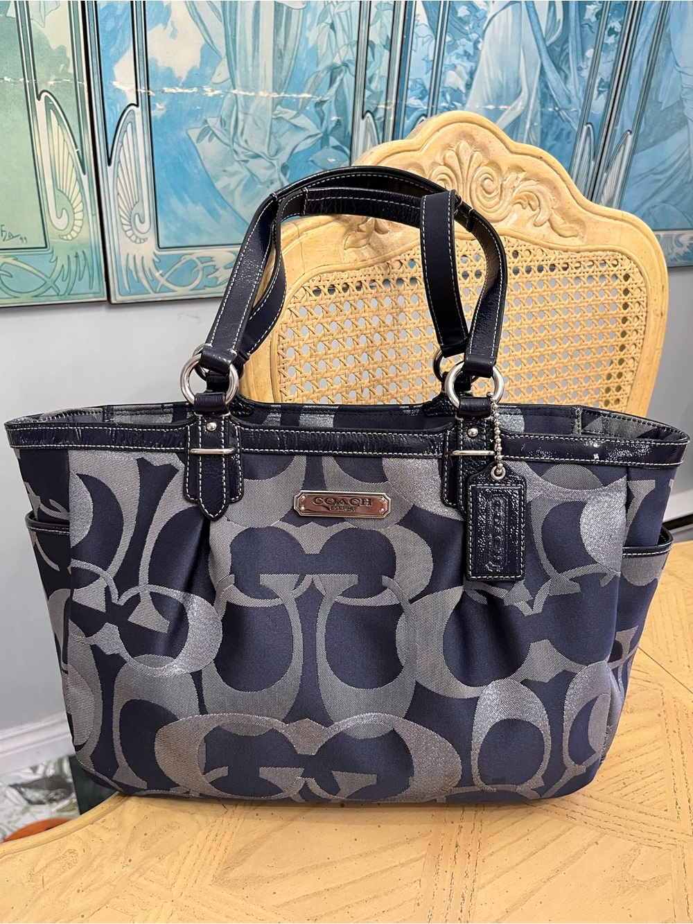 Coach 19664 Navy and Silver Gallery Optic Signature Tote